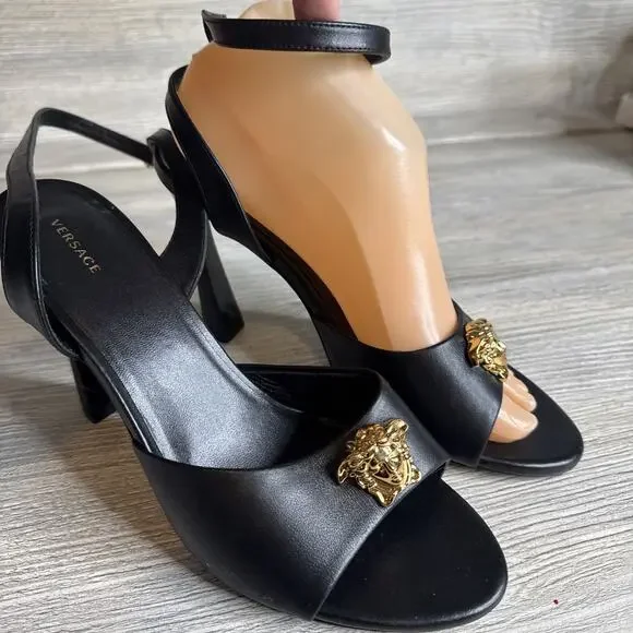 VERSACE SHOES BLACK LEATHER w MEDUSA HIGH HEEL SANDALS sz IT 39 US 8 - Picture 1 of 10